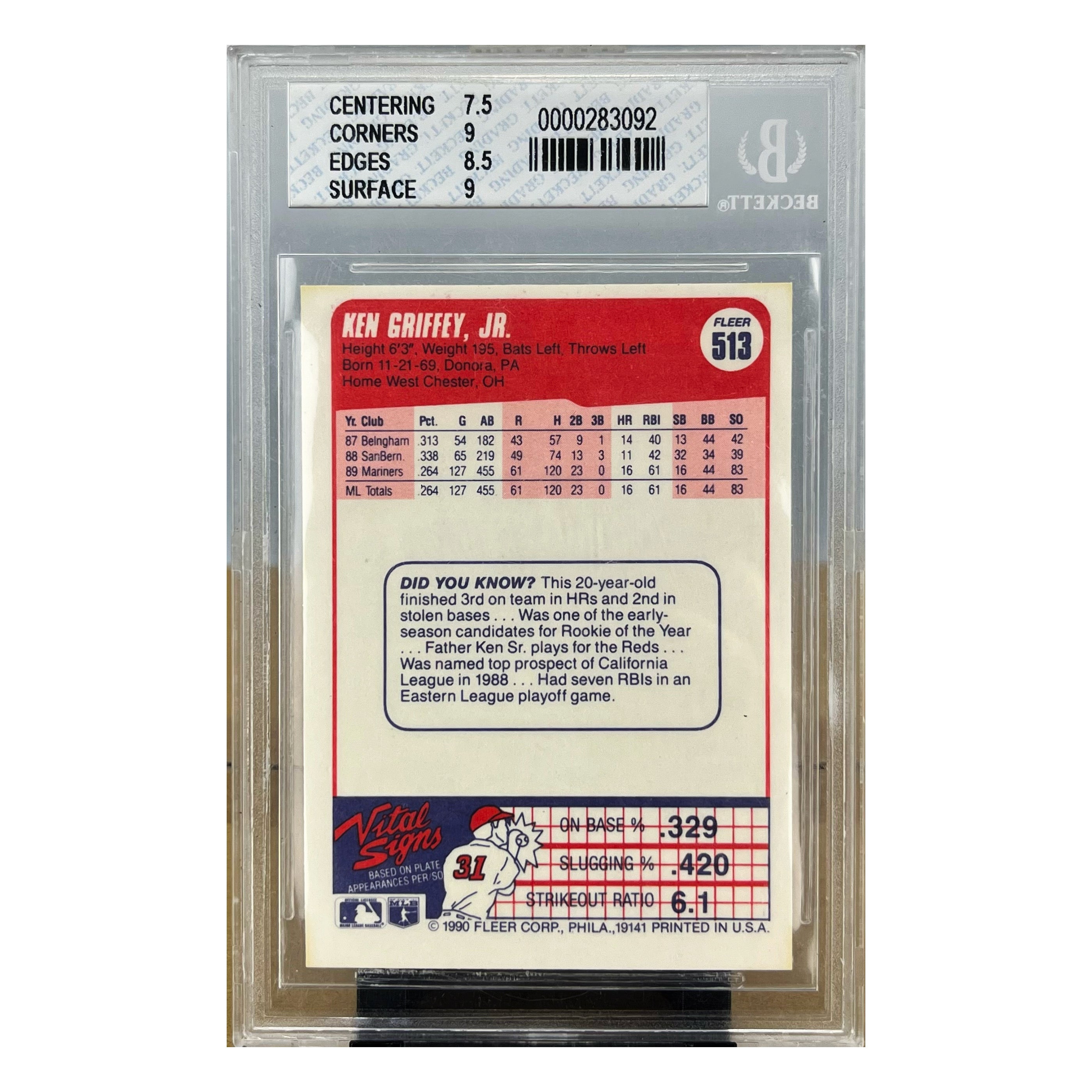 Carta Fleer 1990 Fleer #513 Ken Griffey JR. Beckett 8