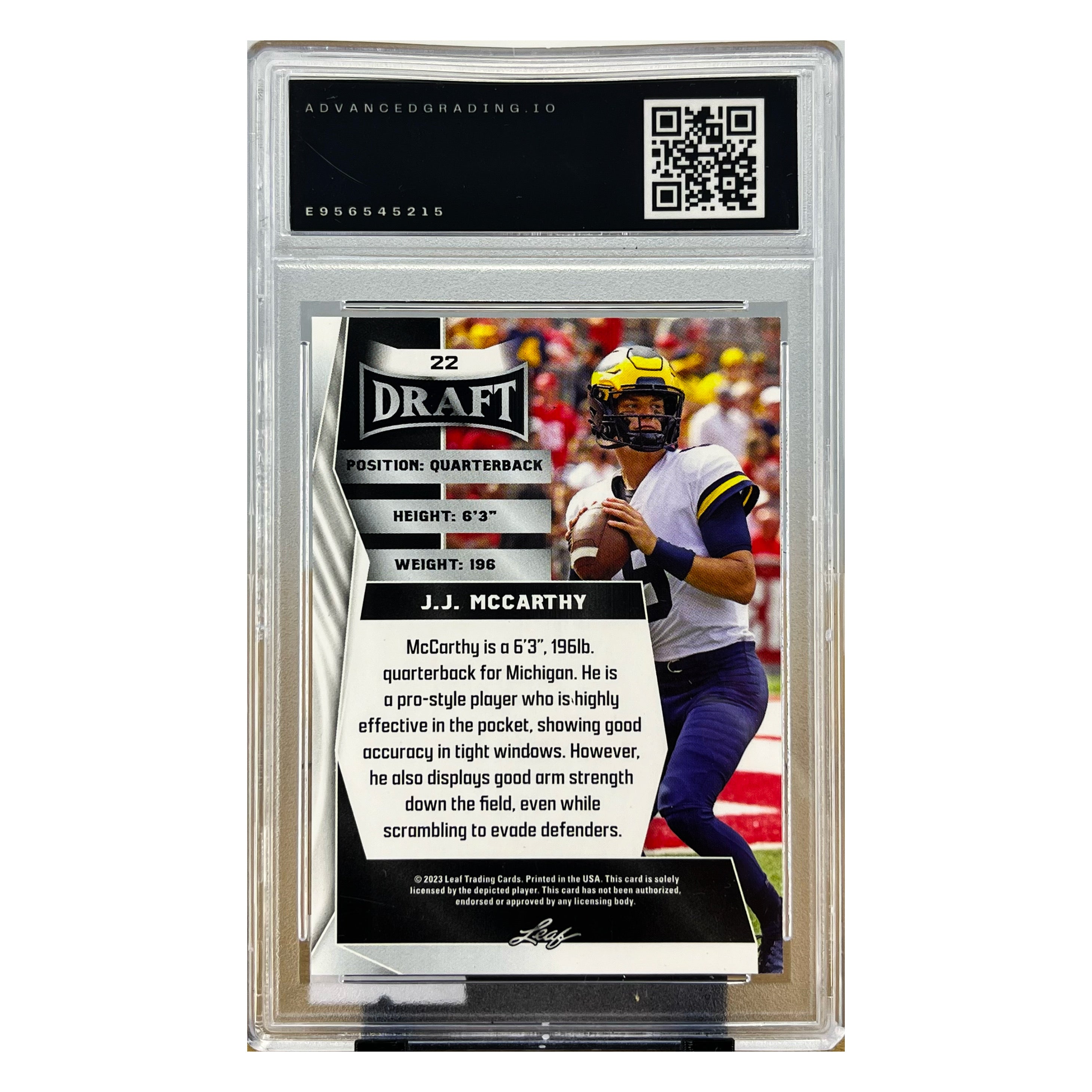 Carta Leaf 2023 Leaf Draft #22 J.J. McCarthy Advance Grading 10