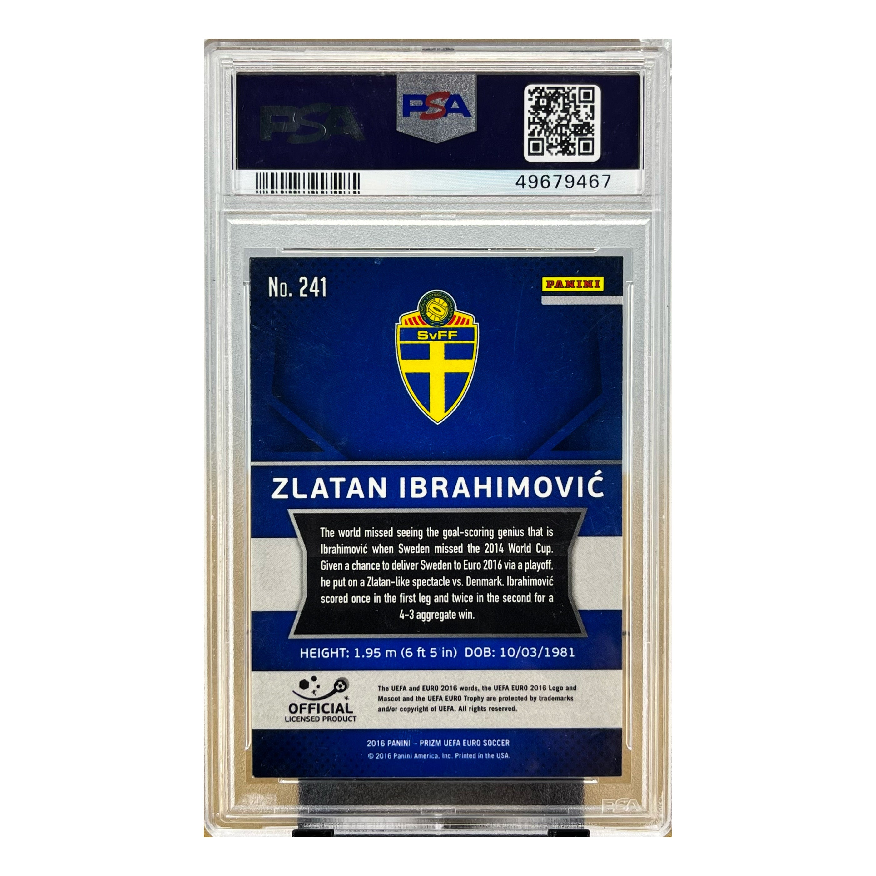Carta Panini 2016 Panini Prizm UEFA #241 Zlatan Ibrahimovic PSA 9
