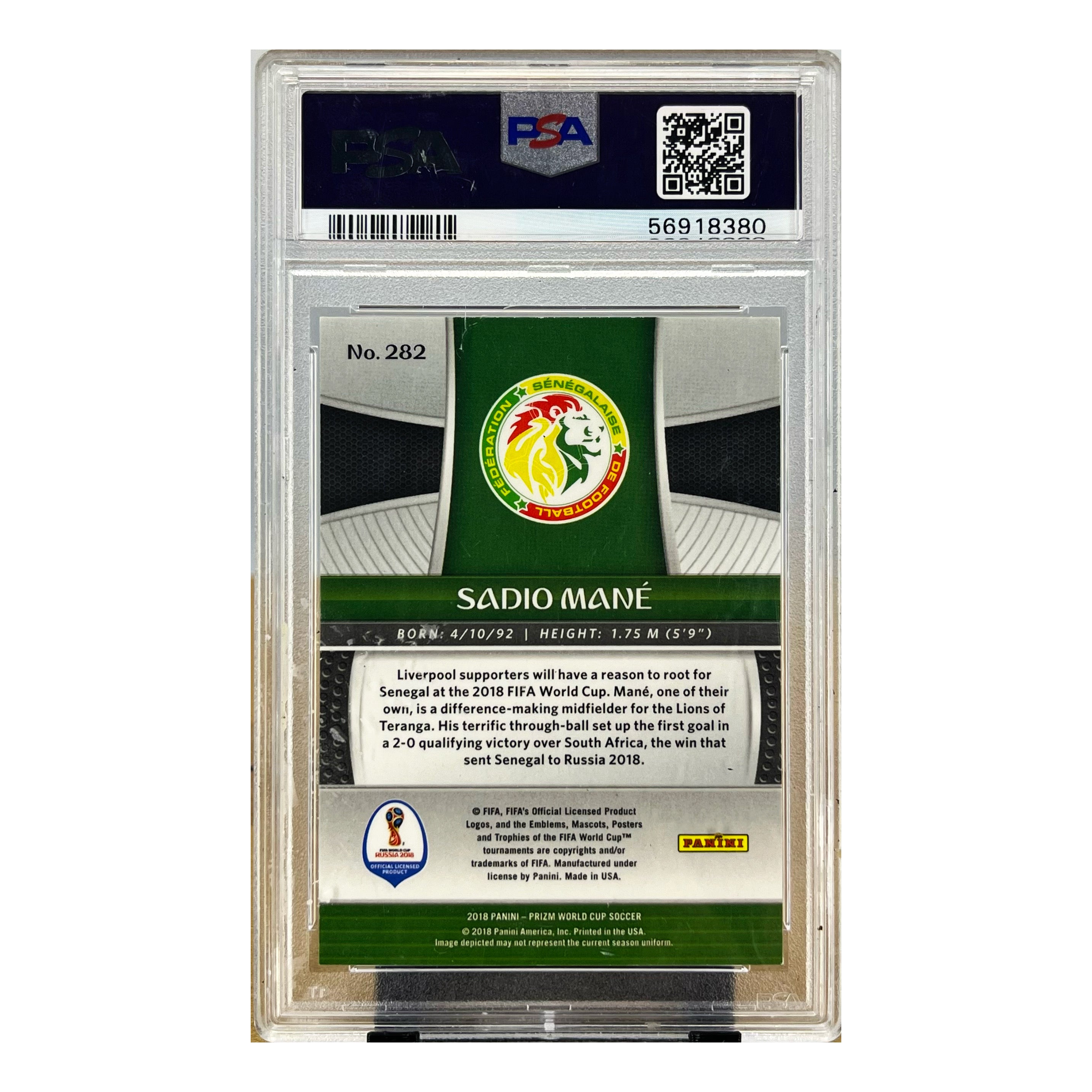 Carta Panini 2018 Panini Prizm W/C #282 Sadio Mané PSA 9