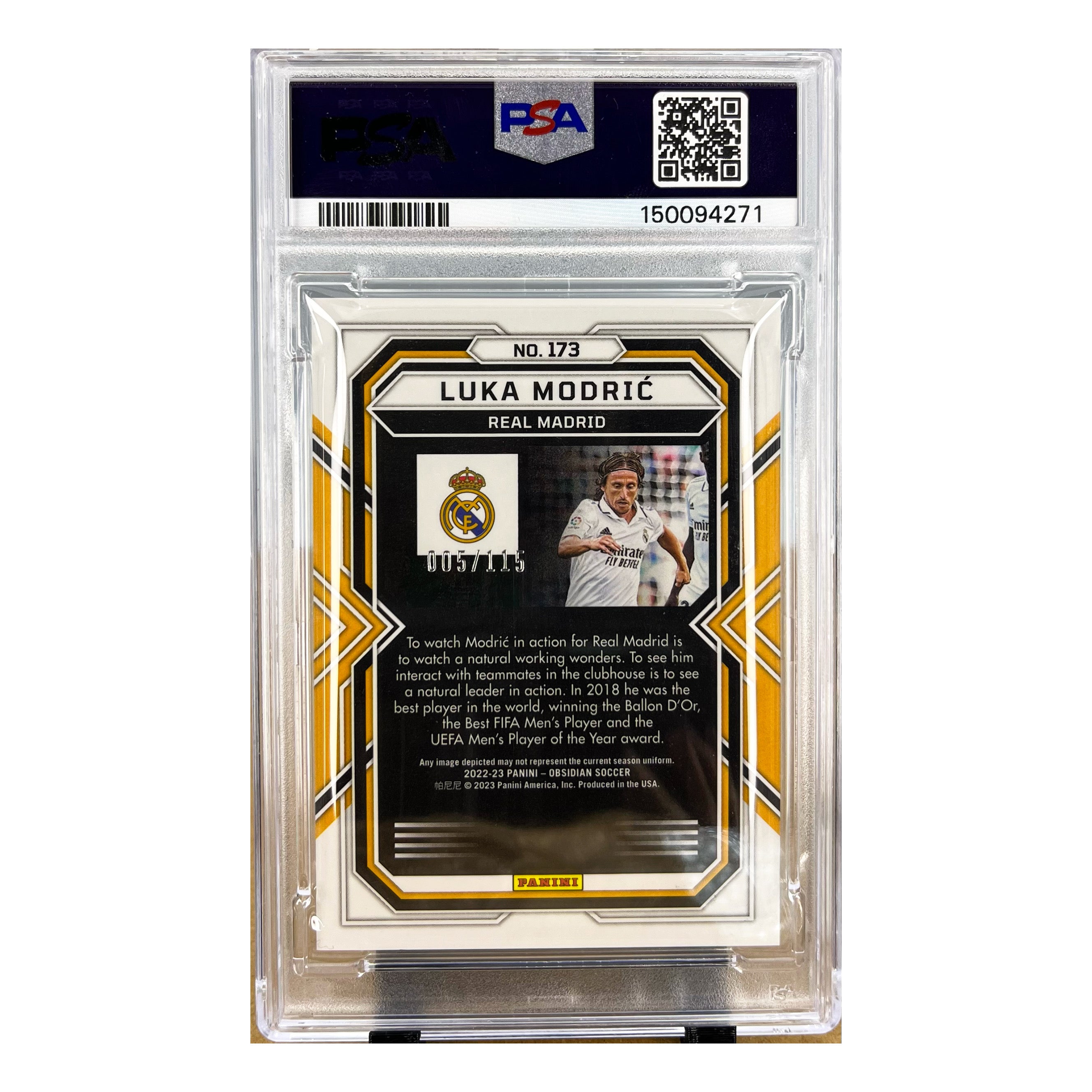 Carta Panini 2022-23 Obsidian #173 Luka Modric 005/115 PSA 8