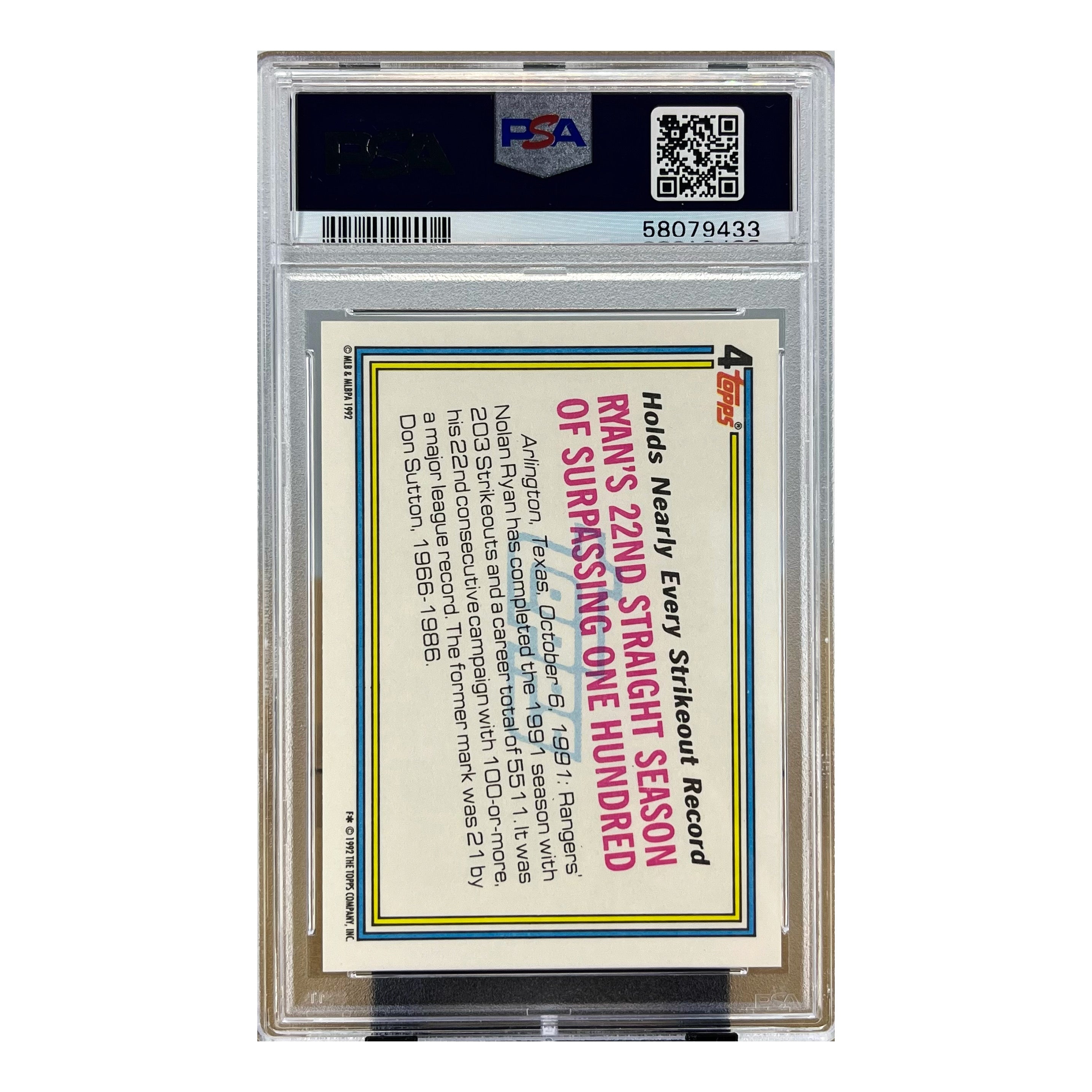 Carta Topps 1992 #4 Nolan Ryan PSA 9