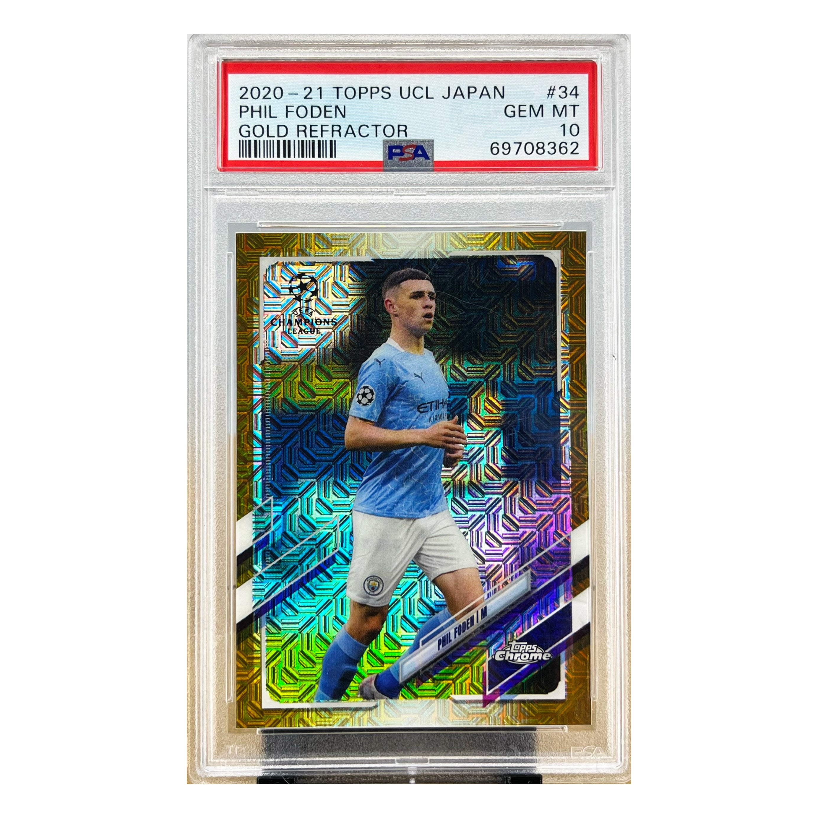Carta Topps 2020-21 Topps UCL Japan #34 Phil Foden 33/50 Gold Refractor PSA 10