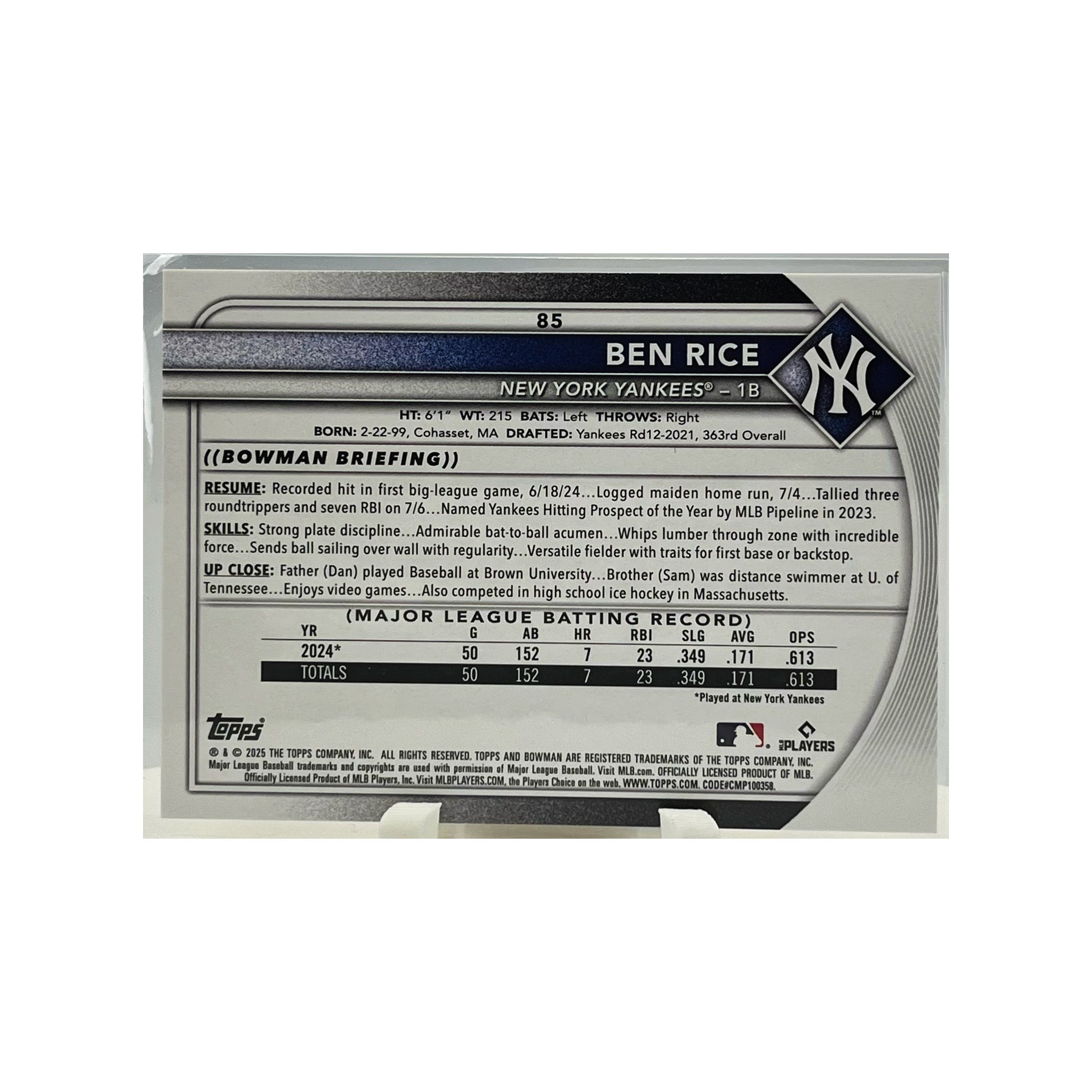 Carta Topps 2025 Bowman #85 Ben Rice