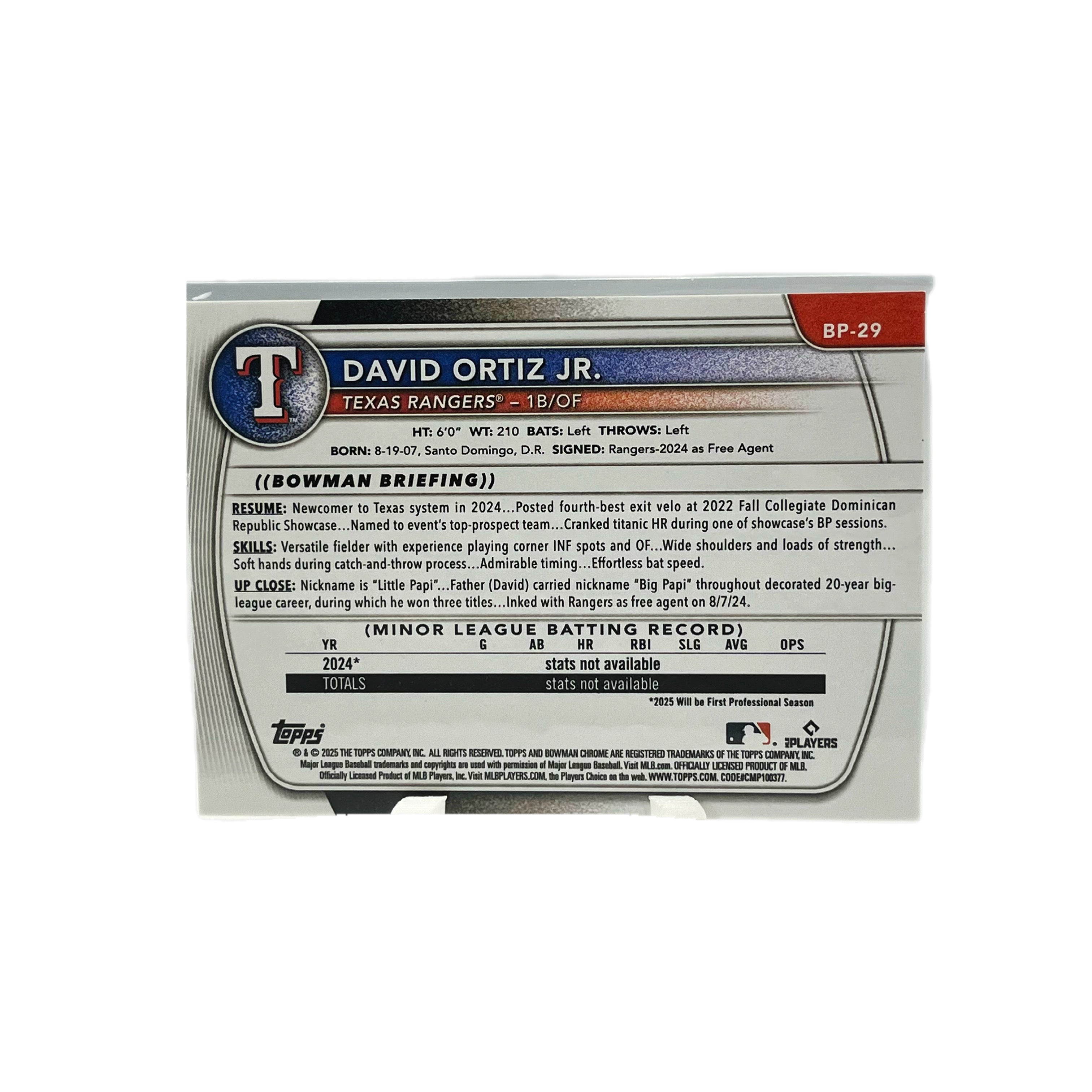Carta Topps Bowman 2025 #BP-29 David Ortiz JR. 1st Bowman