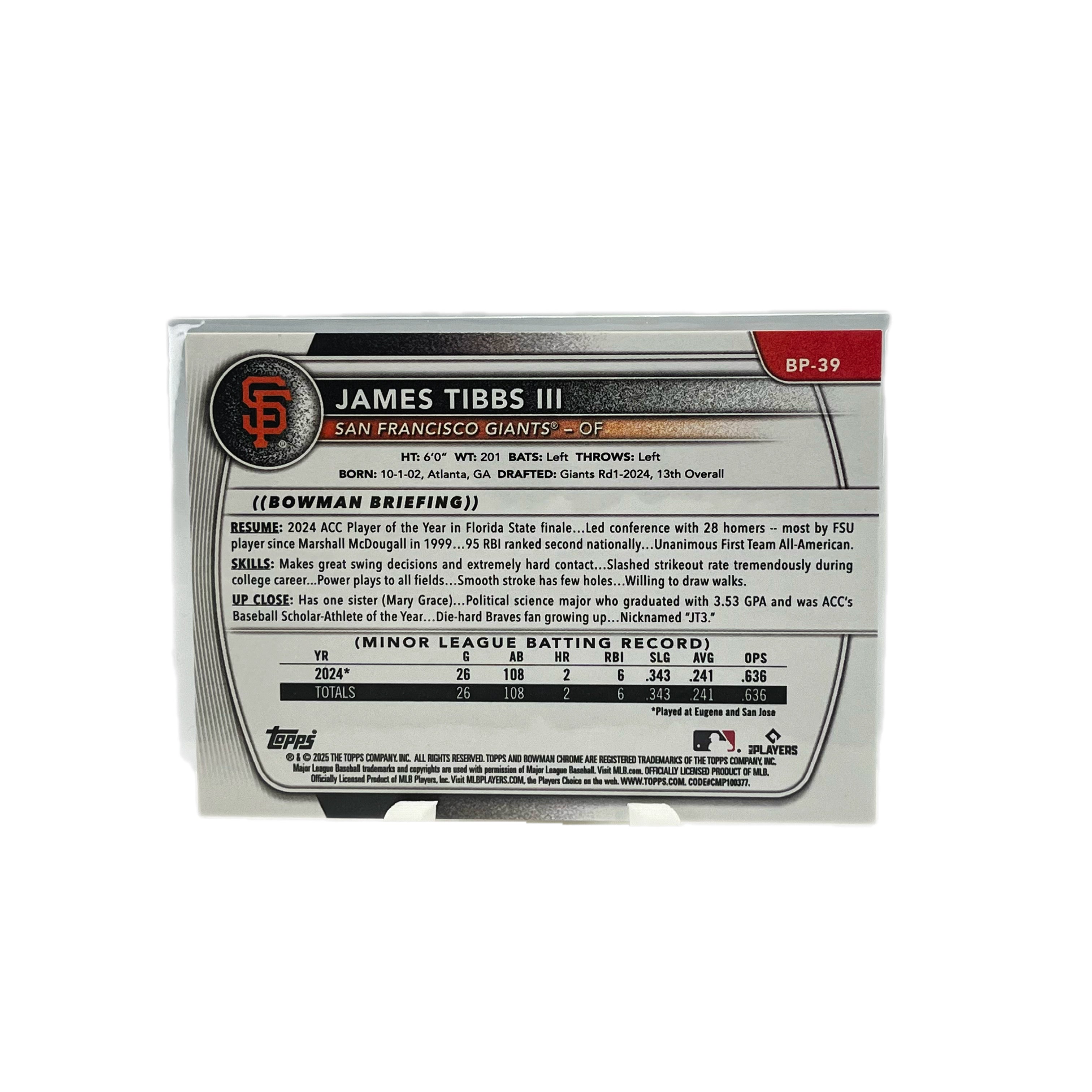 Carta Topps Bowman 2025 #BP-39 James Tibbs III