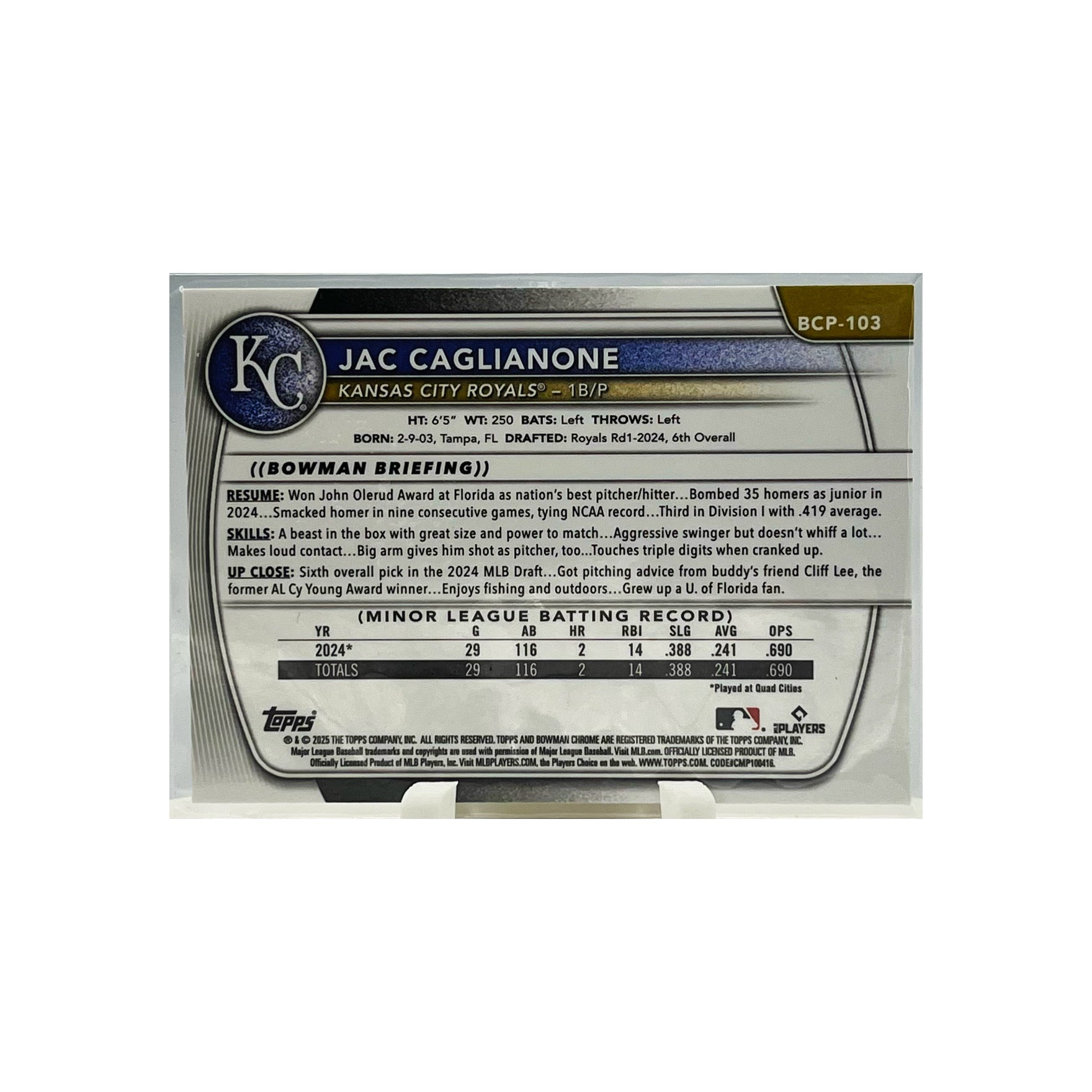 Carta Topps Chrome Bowman 2025 #BCP-103 Jac Caglianone