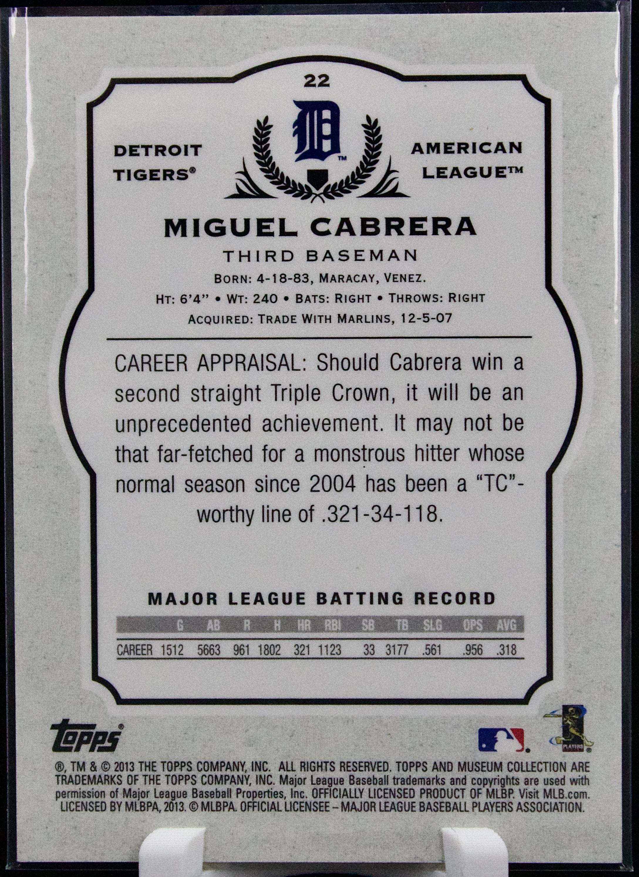 Carta Topps Museum Collection 2013 #22 Miguel Cabrera Green 120/199