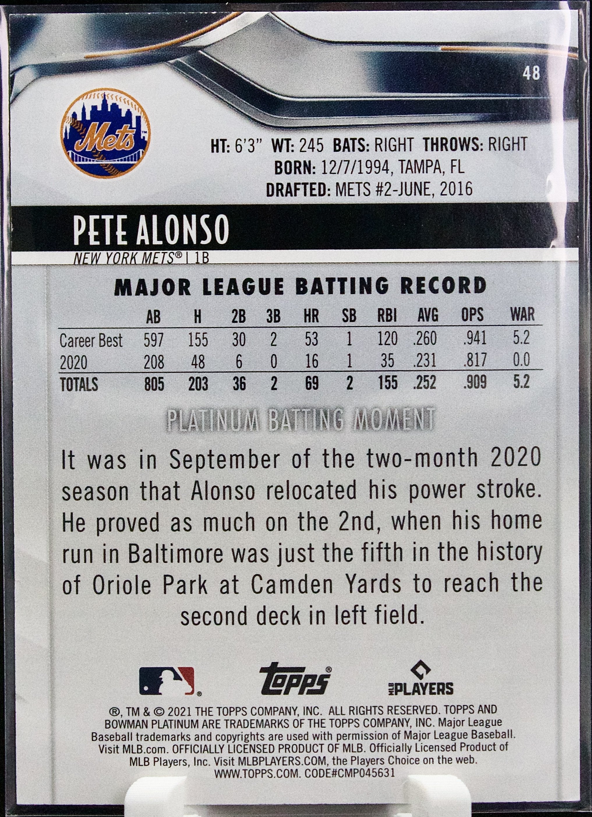 Carta Topps Bowman Platinum 2021 #48 Pete Alonso Pink 191/199