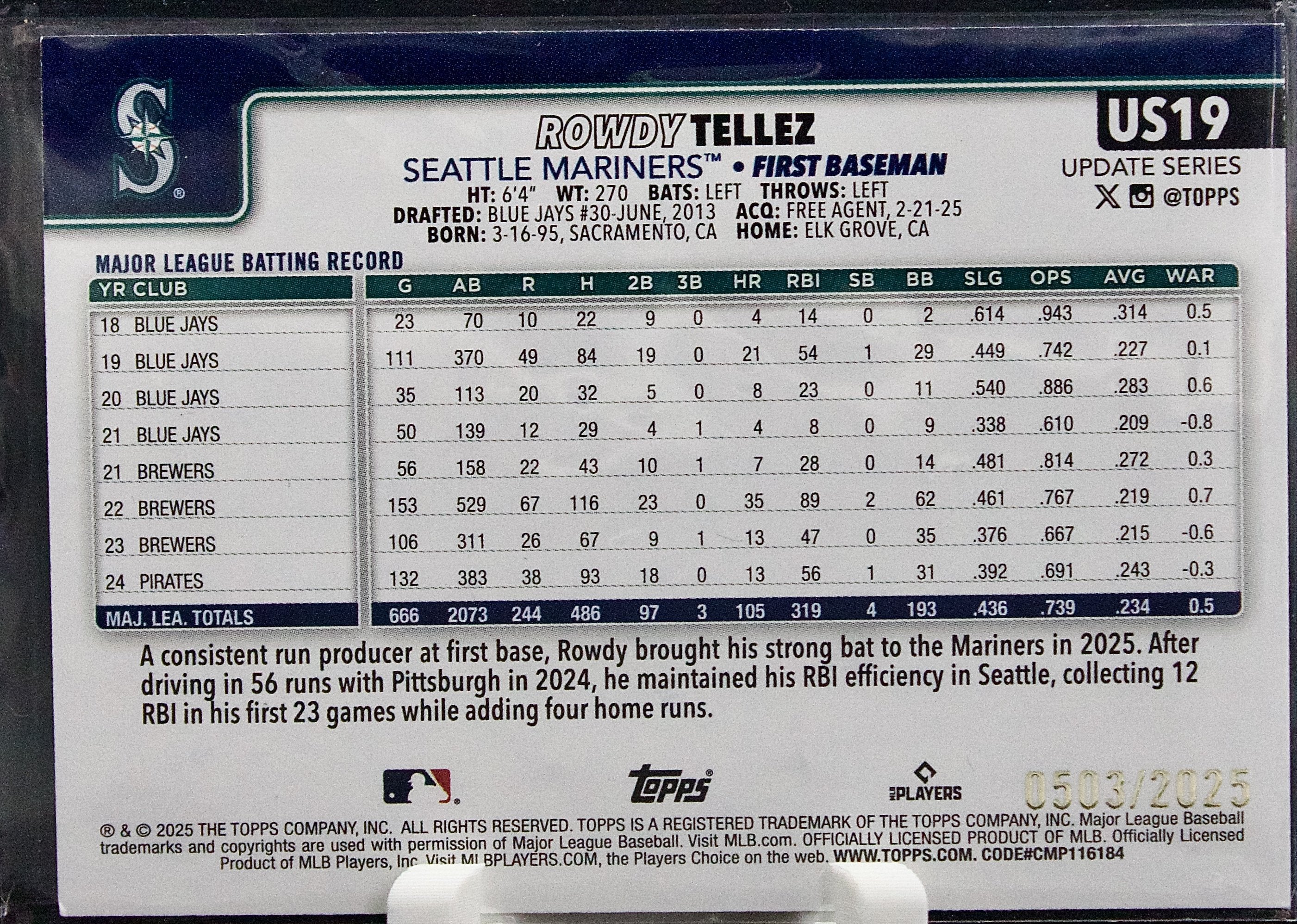 Carta Topps Update 2025 #US19 Rowdy Tellez Gold Border 0503/2025