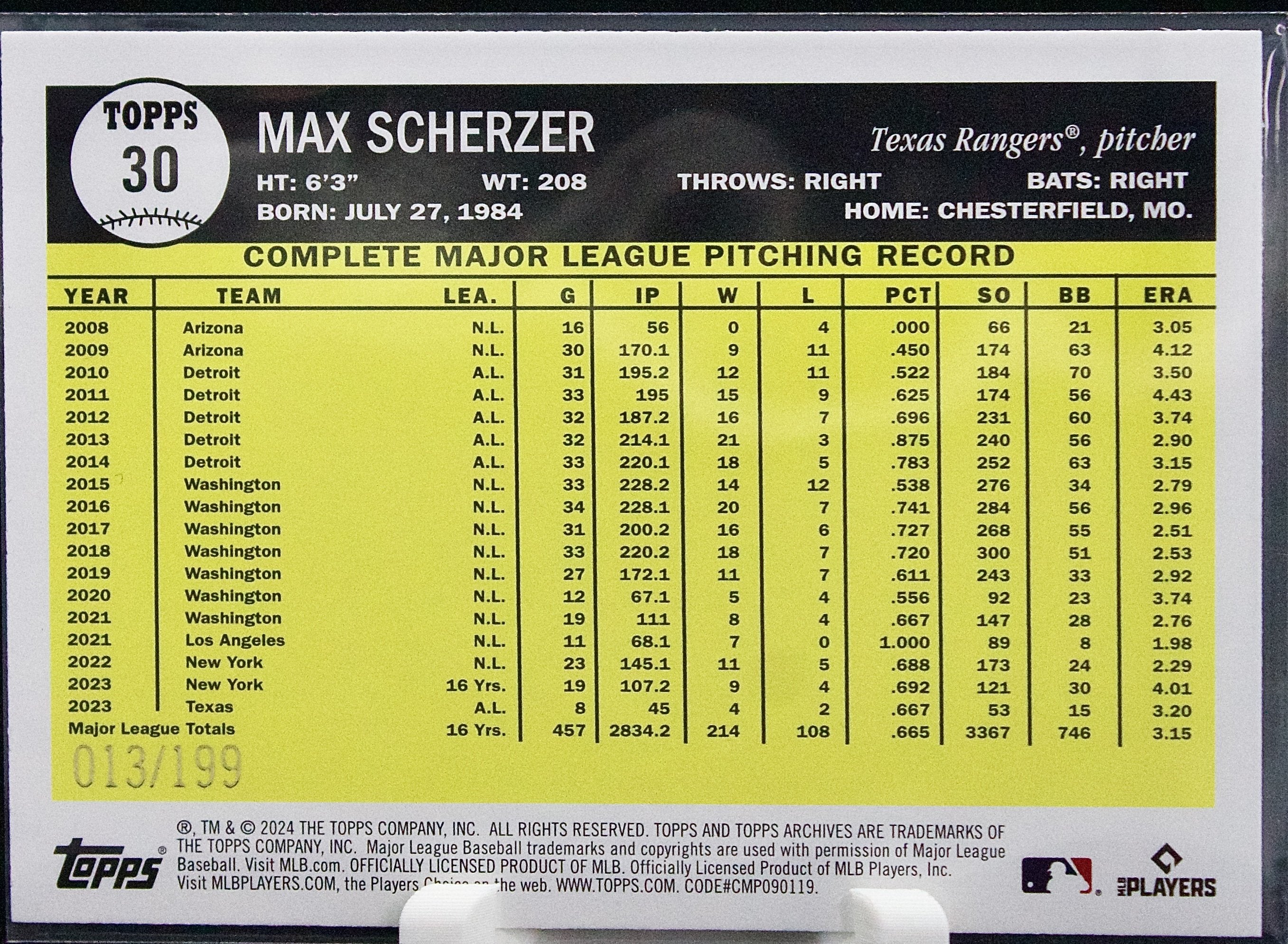Carta Topps Archives (Baseball) 2023 #30 Max Scherzer Rainbow Foilboard 013/199