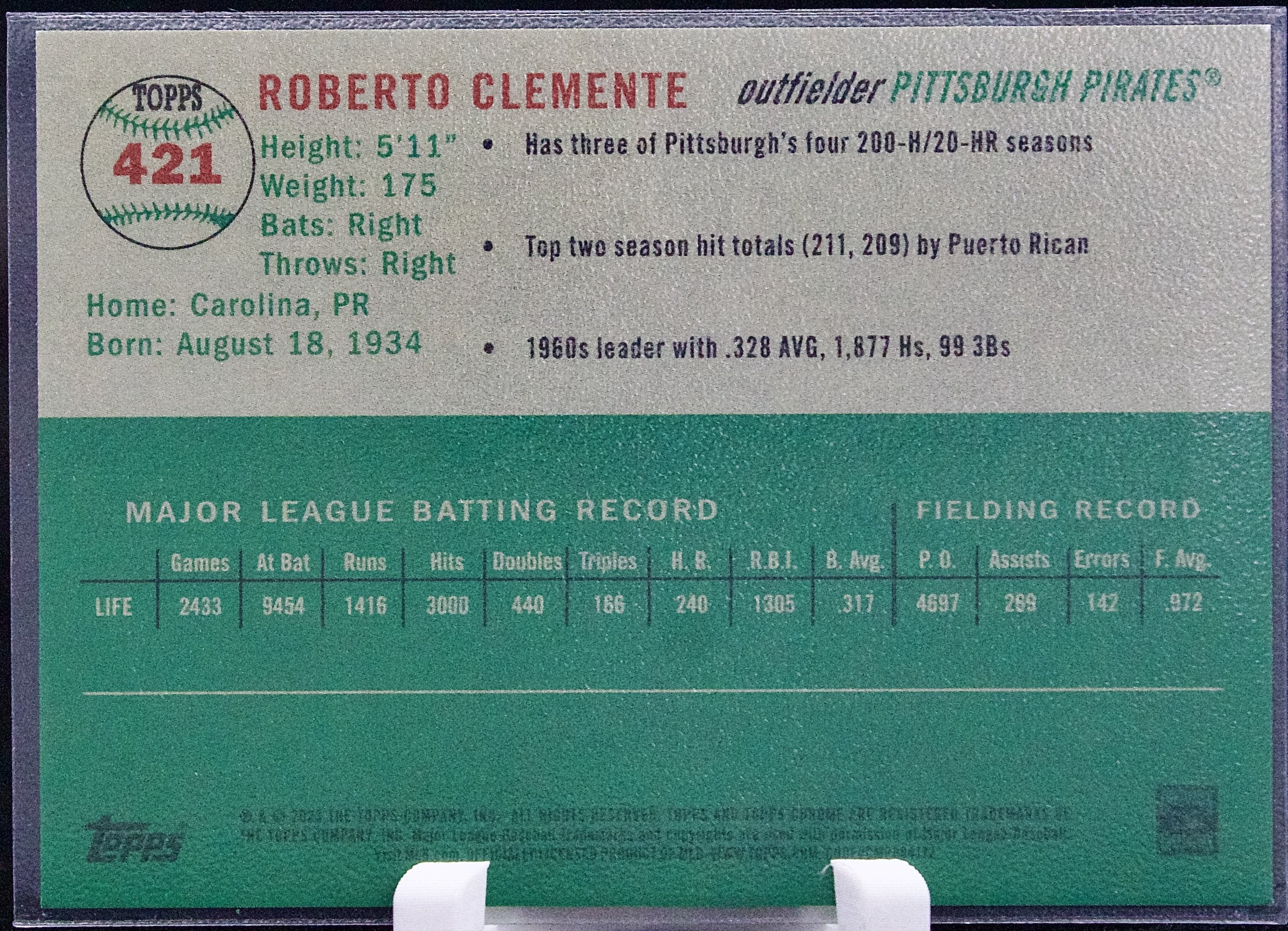Carta Topps Chrome Platinum Anniversary 2023 (Baseball) #421 Roberto Clemente Green Wave Refractor 38/99