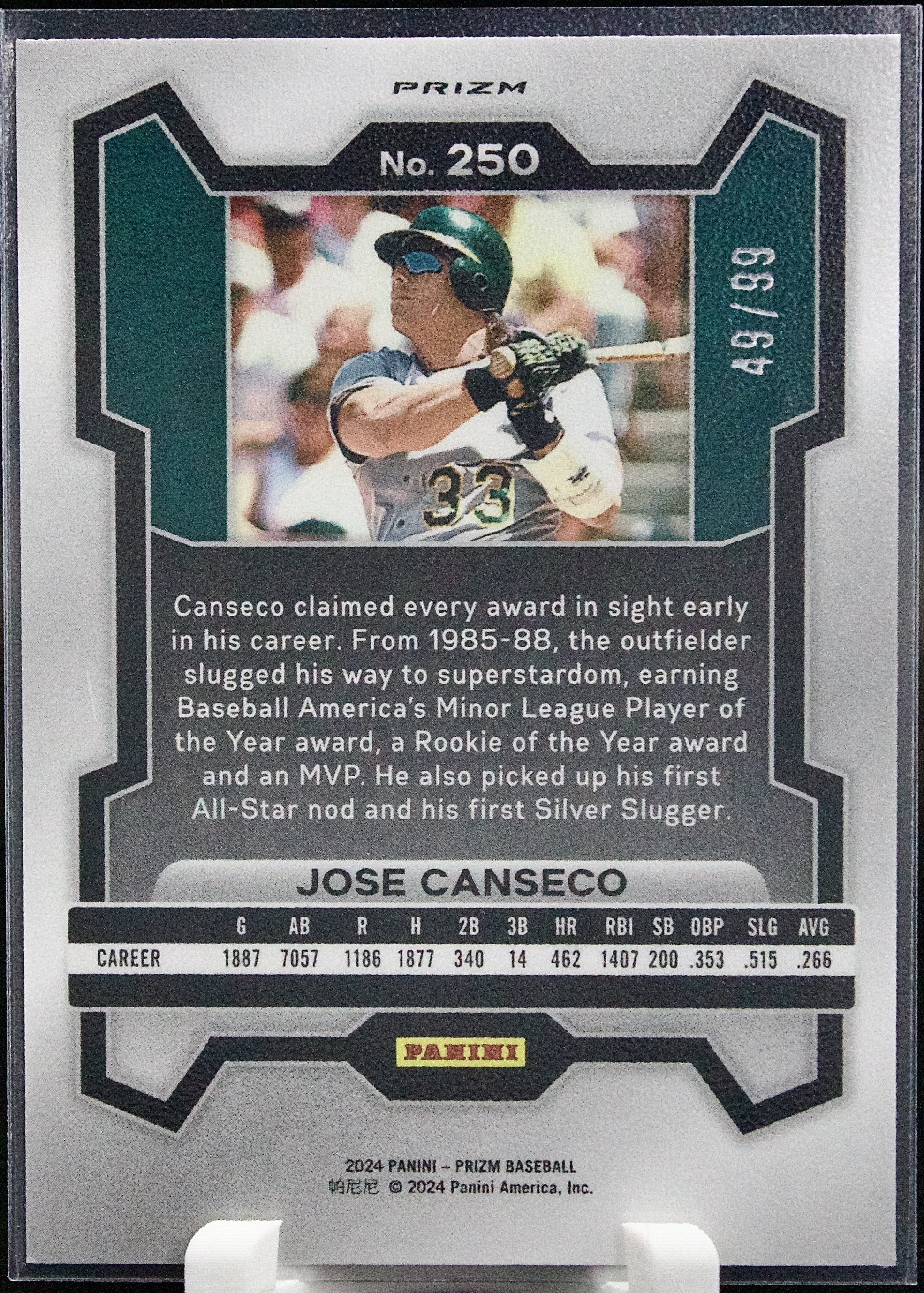Carta Panini Prizm 2024 #250 Jose Canseco Purple 49/99