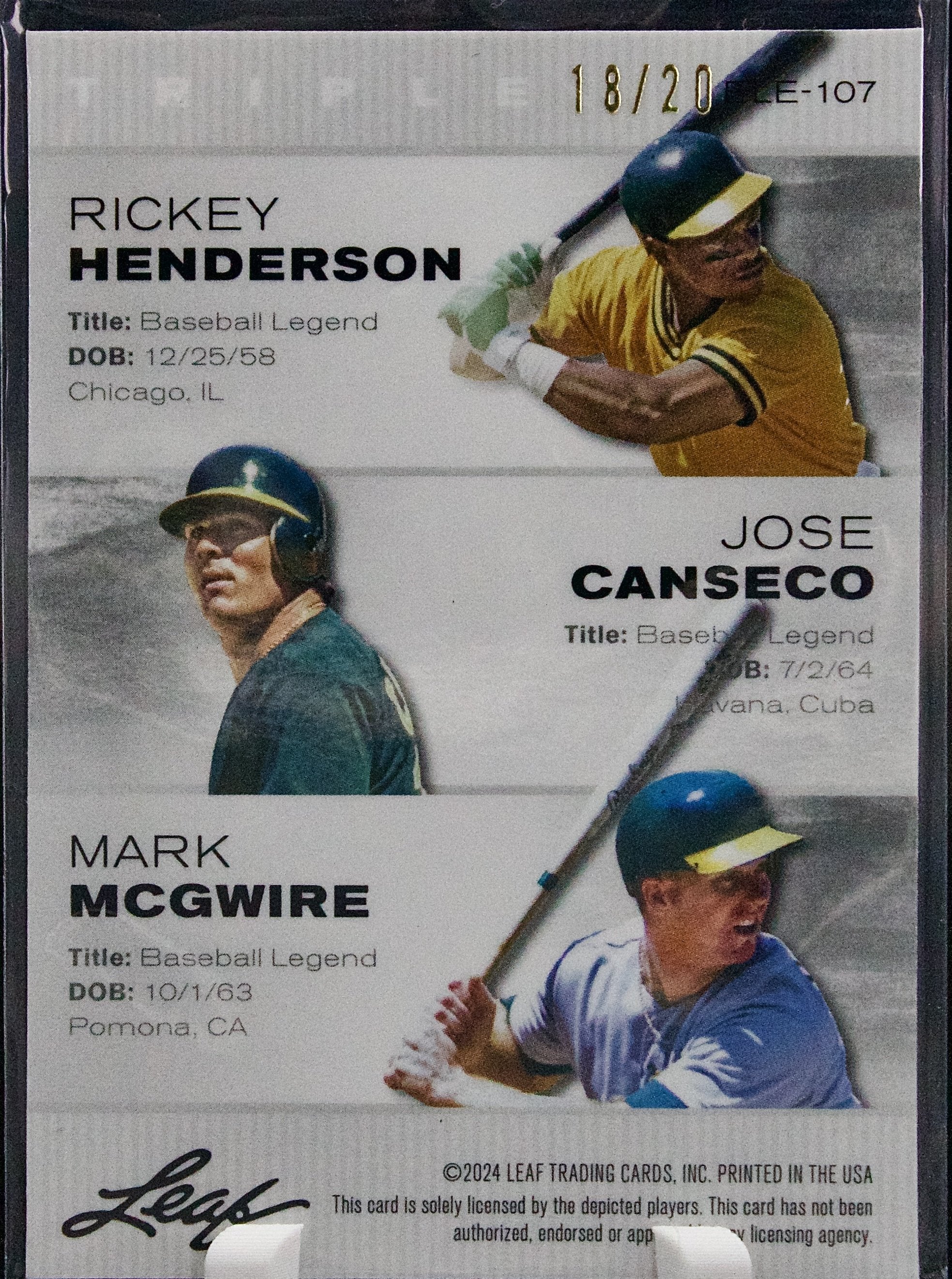 Carta Leaf Exclusive Legends Edition #ELE-107 Rickey Henderson/Jose Canseco/Mark McWire 18/20