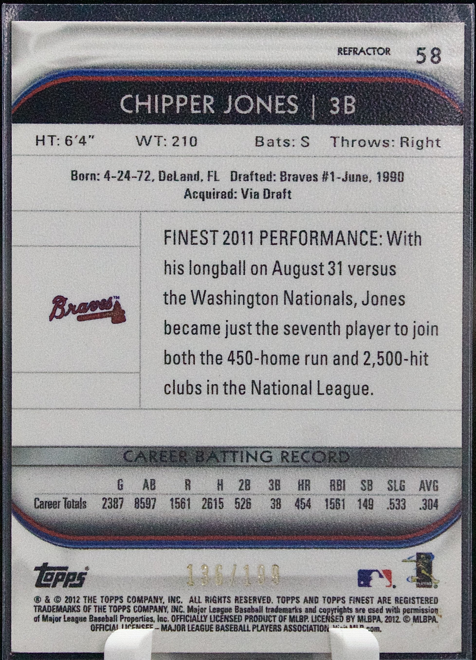 Carta Topps Finest 2012 #58 Chipper Jones Refractor