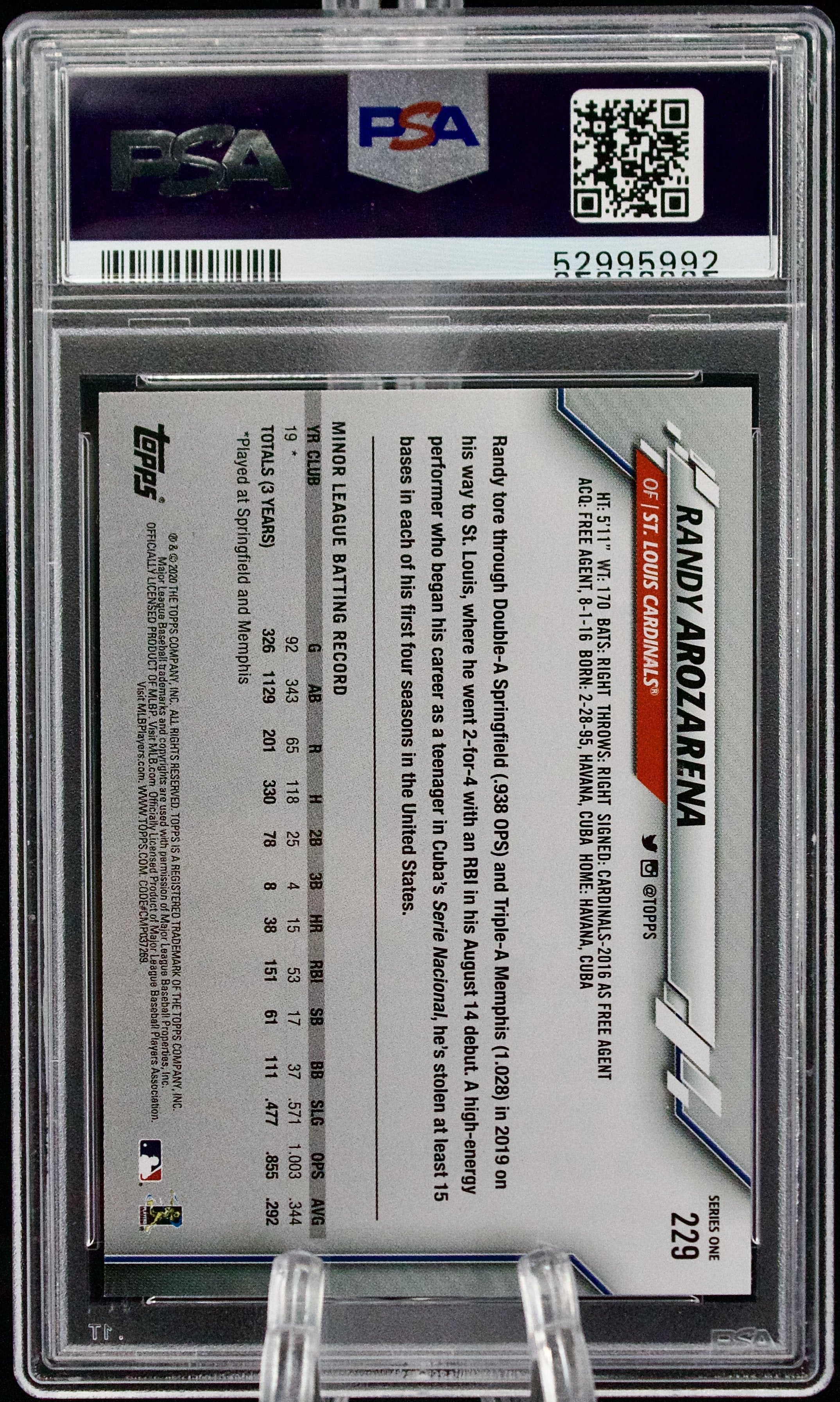 Carta Topps 2020 Series One #229 Randy Arozarena PSA 10