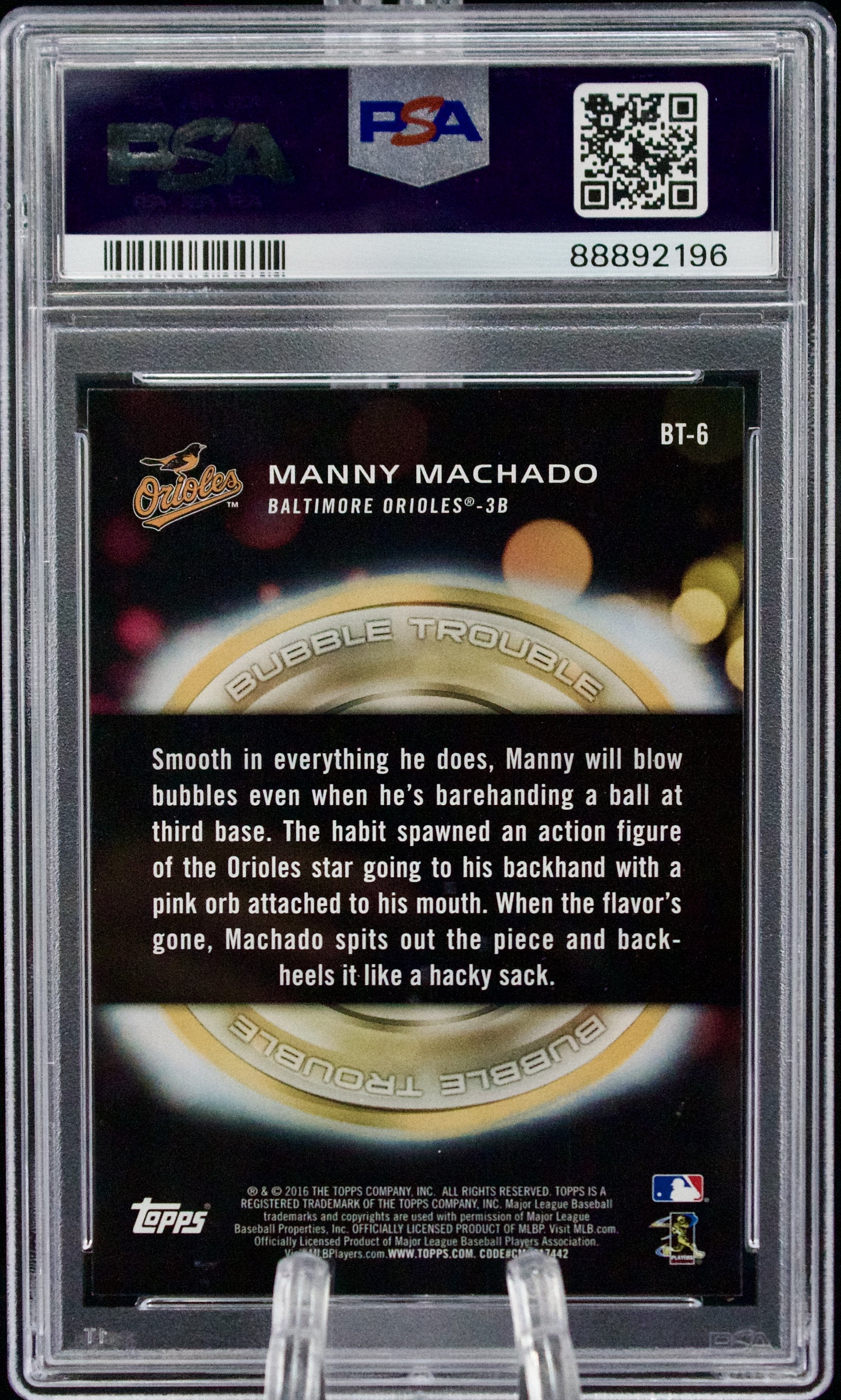 Carta Topps 2016 Opening Day #BT6 Manny Machado Bubble Trouble PSA 9