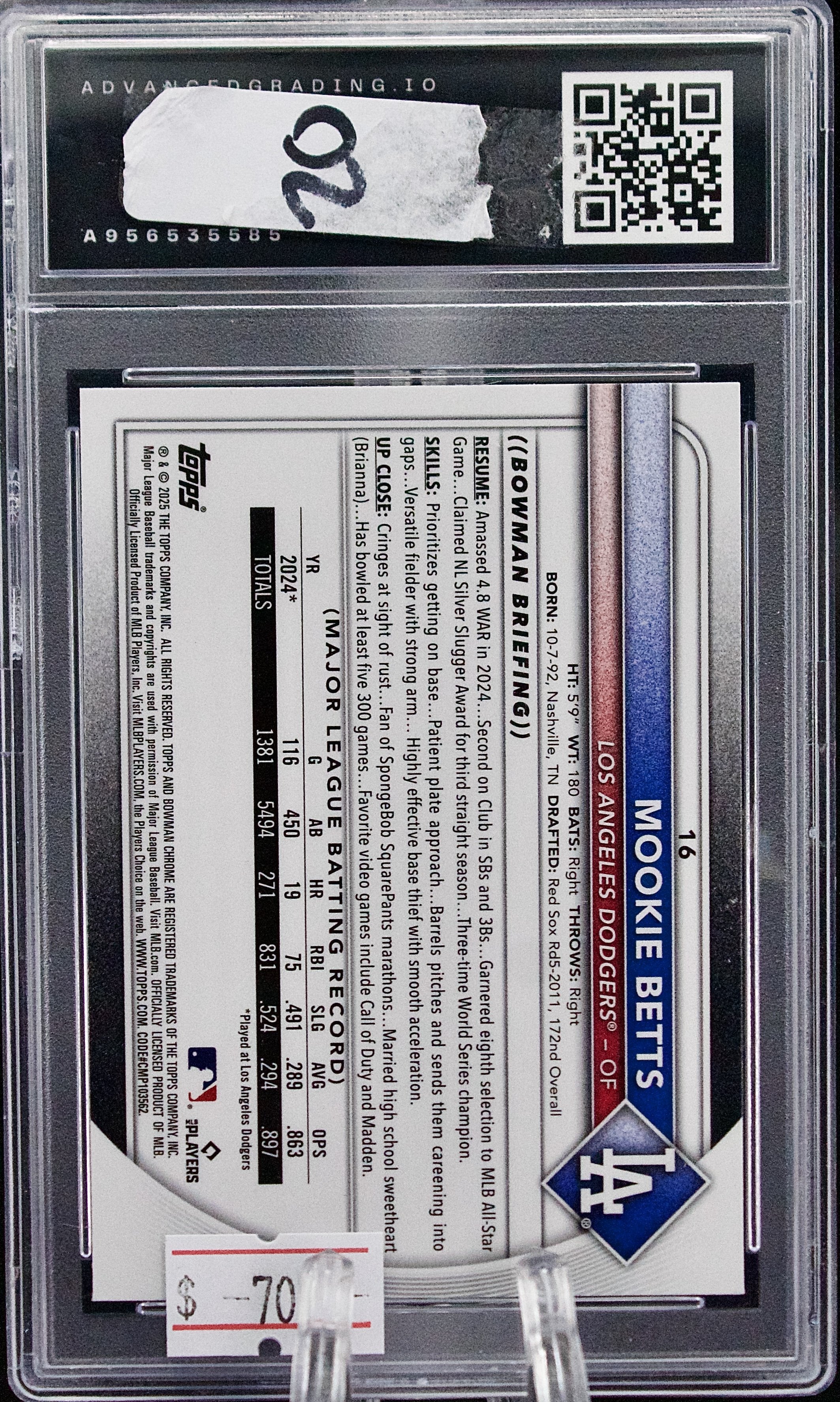 Carta Topps 2025 Bowman #16 Mookie Betts Chrome Mojo Refractor Advance Grading 9