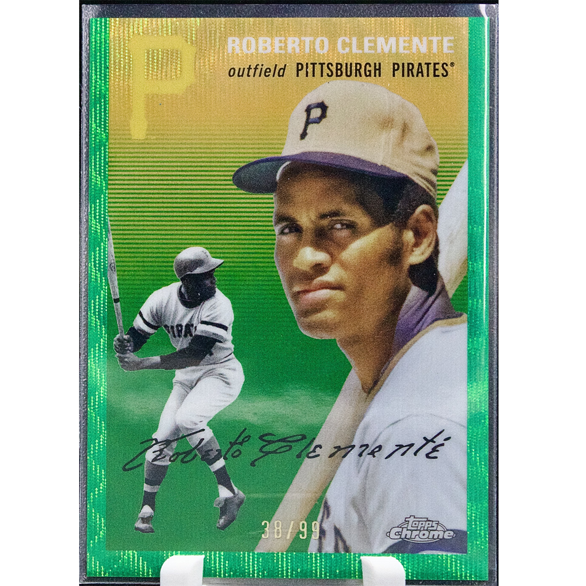 Carta Topps Chrome Platinum Anniversary 2023 (Baseball) #421 Roberto Clemente Green Wave Refractor 38/99